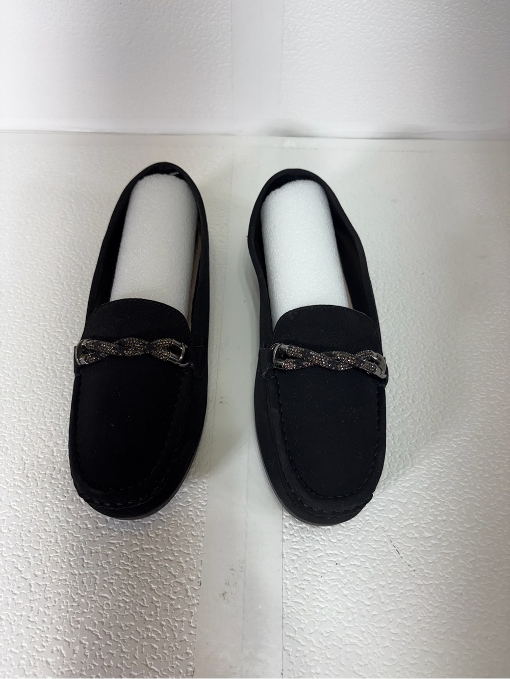 Daisy Fuentes Black Suede Slip-On Loafers with Twisted Metal Accent s311